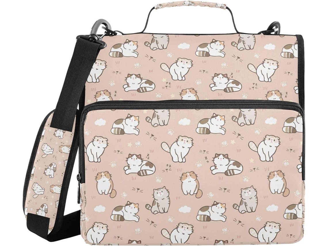 Pasta macia com zíper em formato de gato, altura de ombro, várias bolsas, 3, 8 cm, 3 porta-lápis com sinos, pasta