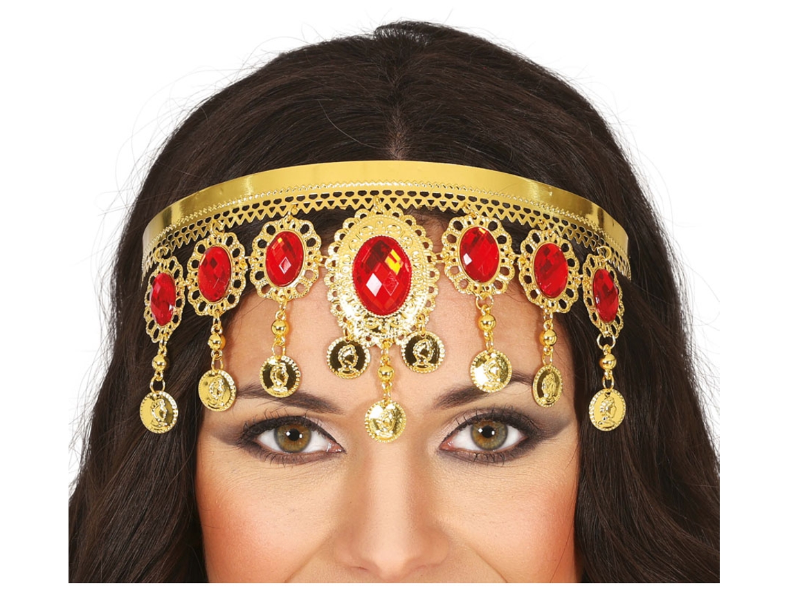 Tiara com pedras vermelhas metálicas