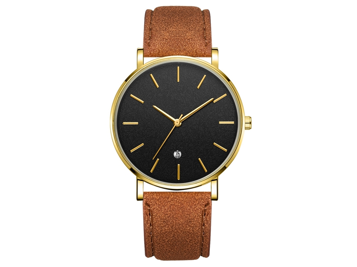 Reloj De Pulsera Analógico De Cuarzo Con Esfera Redonda Moda (cinturón Café Caja Dorada)