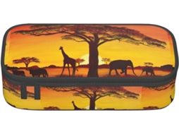 Caixa organizadora multifuncional com estampa de animais africanos e sol, ideal para guardar cosméticos adultos.
