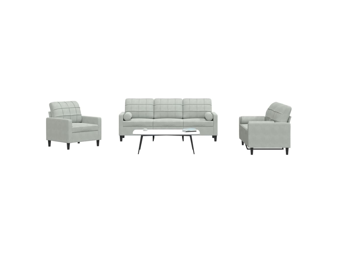 Vidaxl 3 Pcs Conjunto Sofás Com Almofadões E Rolos Veludo Cinza-claro