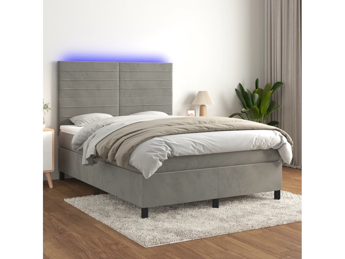 Vidaxl Cama Box Spring C/ Colchão/led 140x200 Cm Veludo Cinzento-claro