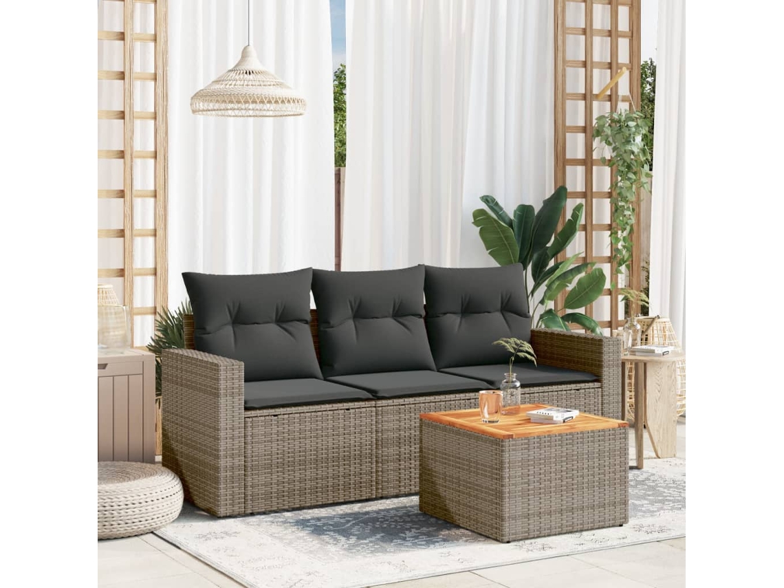Vidaxl 4 Pcs Conjunto Sofás De Jardim C/ Almofadões Vime Pe Cinzento
