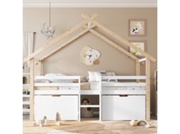 Cama Infantil 90x200cm Branco+natural Com Telhado Escada Gavetas
