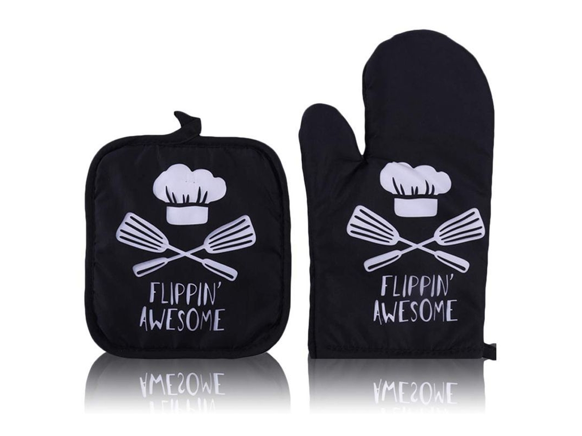 2026 luvas de Forno Linjou, Par de Luvas e Porta copos Resistentes Ao Calor (gorro de Chef Preto)