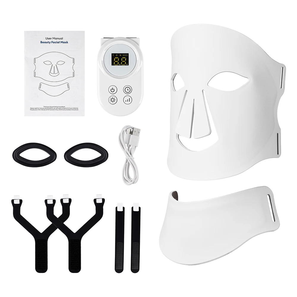 (branca) Máscara Facial De Silicone Sem Fio Com Led E Protetor De Pescoço, Máscara Facial Fotorejuvenescedora