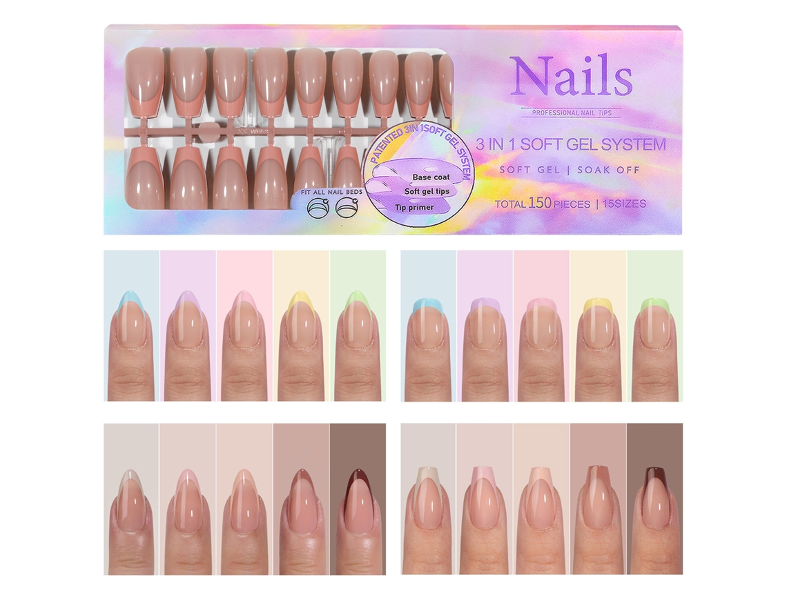150 Unhas Postiças Francesas em Gel com 5 Núcleos em 15 Tamanhos, Primer e Base para Unhas Decoradas Faça Você Mesma