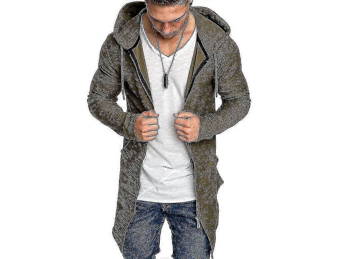 Jaqueta masculina longa com capuz e zíper, verde militar de inverno, tamanho G