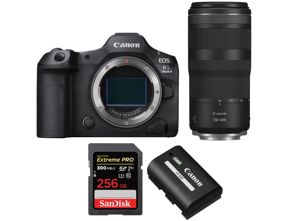 Eos R5 Mark Ii + Rf 100 400mm F/5.6 8 Is Usm + 1 Sandisk 256gb Uhs ii 300mb/s + 1 Canon Lp e6p + Ebook “20 Dicas para Fotos Que Impressionam” CANON