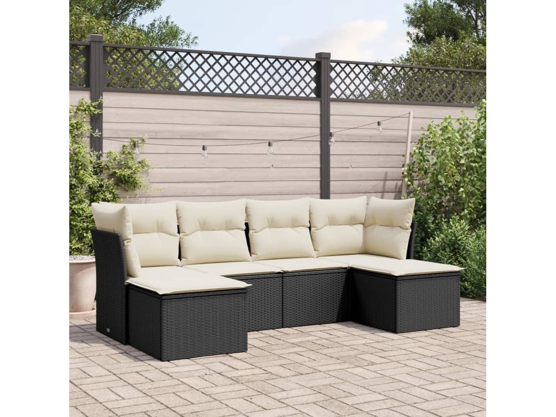 6 Pcs Conjunto Sofás De Jardim C/ Almofadões Vime Pe Preto Lovely Home