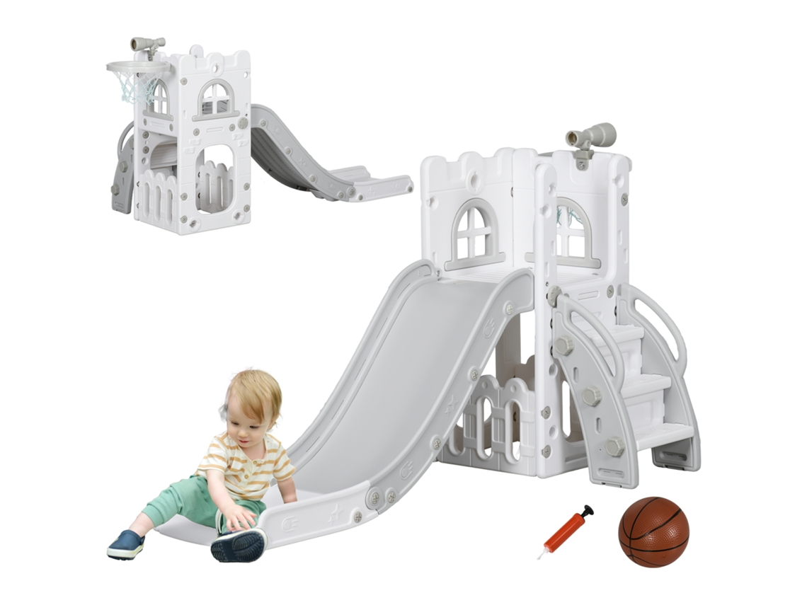 Escorrega Infantil 5 Em 1 Para Crianças Com Cesto De Basquetebol Telescópio Escalador E Inferior 70x177x92 Cm Branco E Cinza