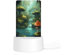 Luminária De Mesa Led Acrílica Plug And Play Com Base Plástico, Estampa De Cogumelos E Vista Um Rio, Iluminação
