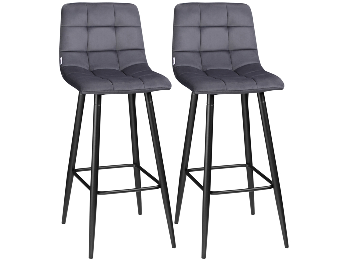 Conjunto De 2 Bancos Altos De Cozinha De Bar Estofados Em Veludo Com Apoio Para Os Pés E Encosto Cinzento