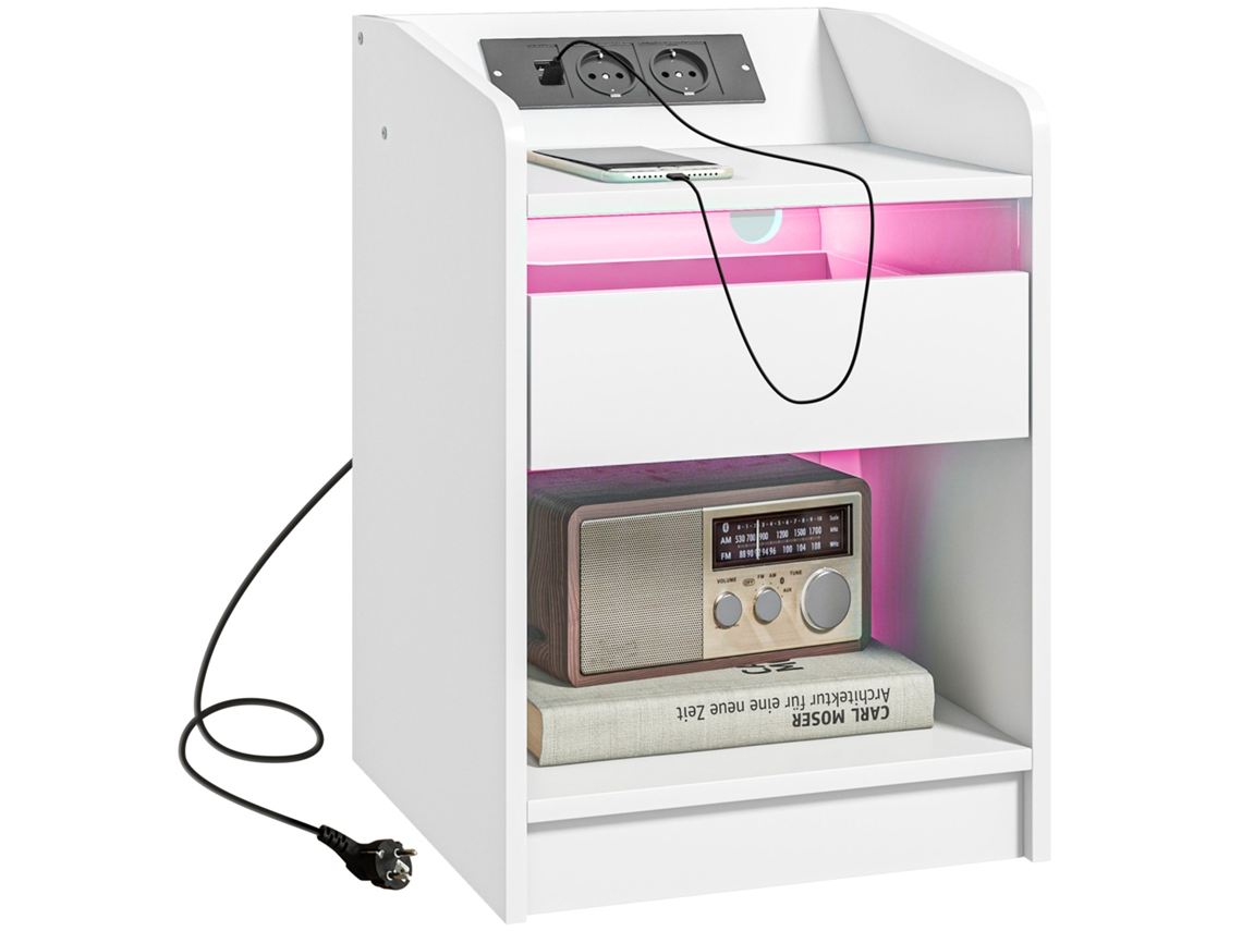 Mesa Cabeceira Led Gaveta Usb Branco