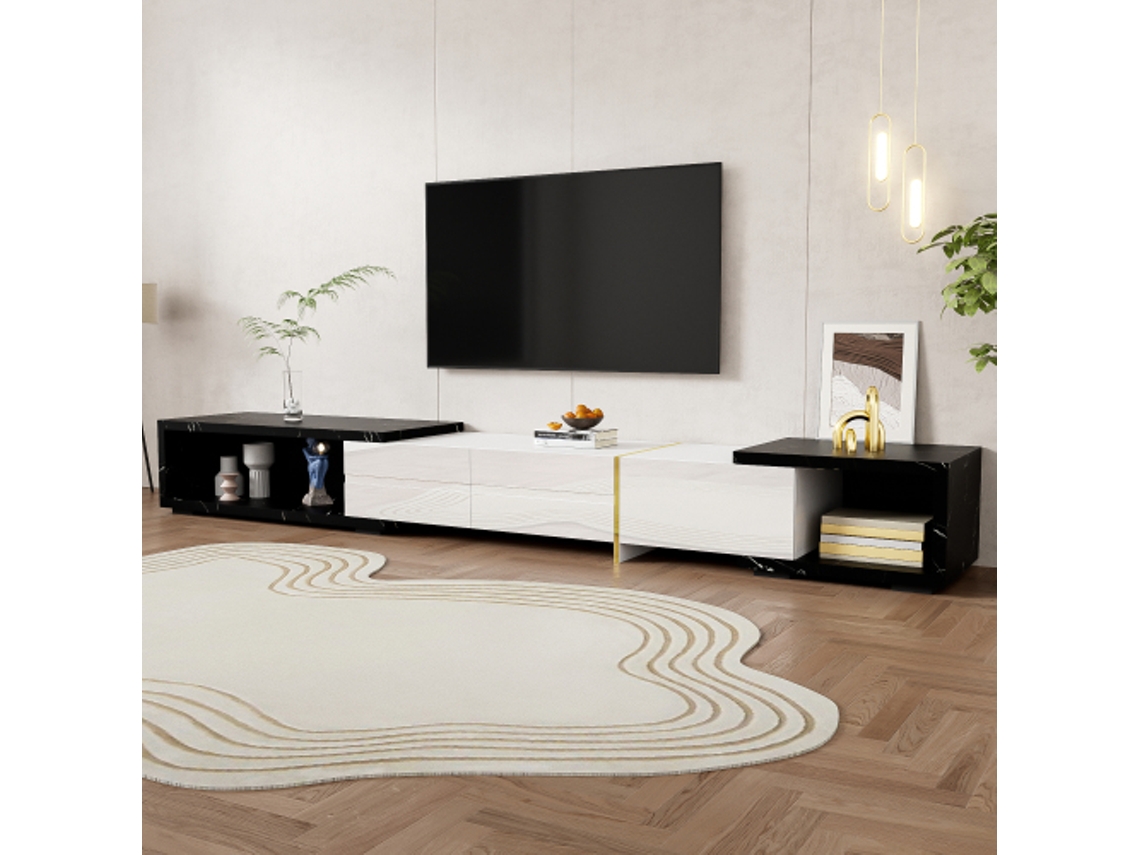 Móvel Para Tv Moderno Com Comprimento Ajustável (140-260cm),base Giratória,acabamento Mármore Preto E Branco Brilhante/fosco Com Detalhes Dourados