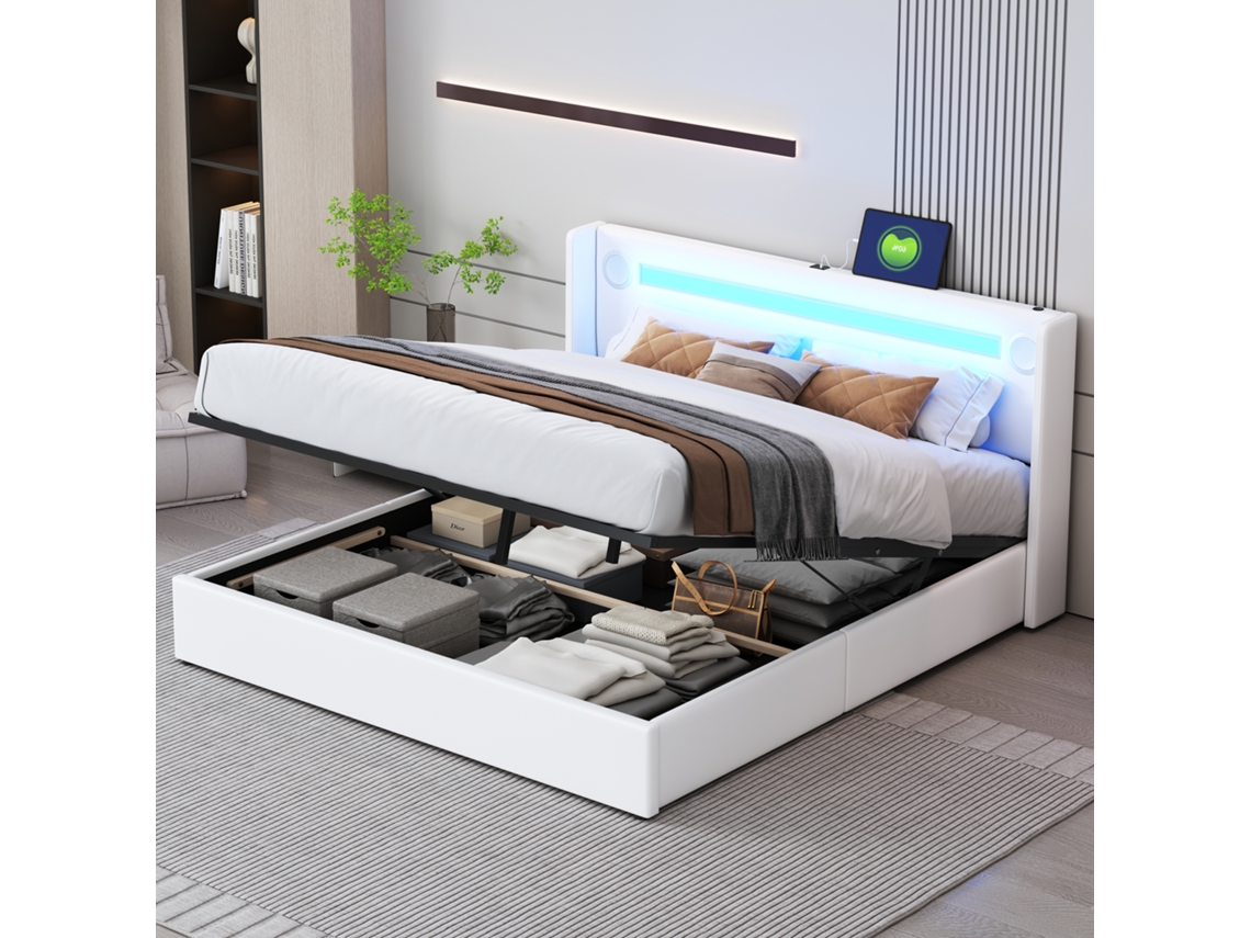 Cama Box 160x200 Com Led Bluetooth Usb Armário Couro Pu Branco