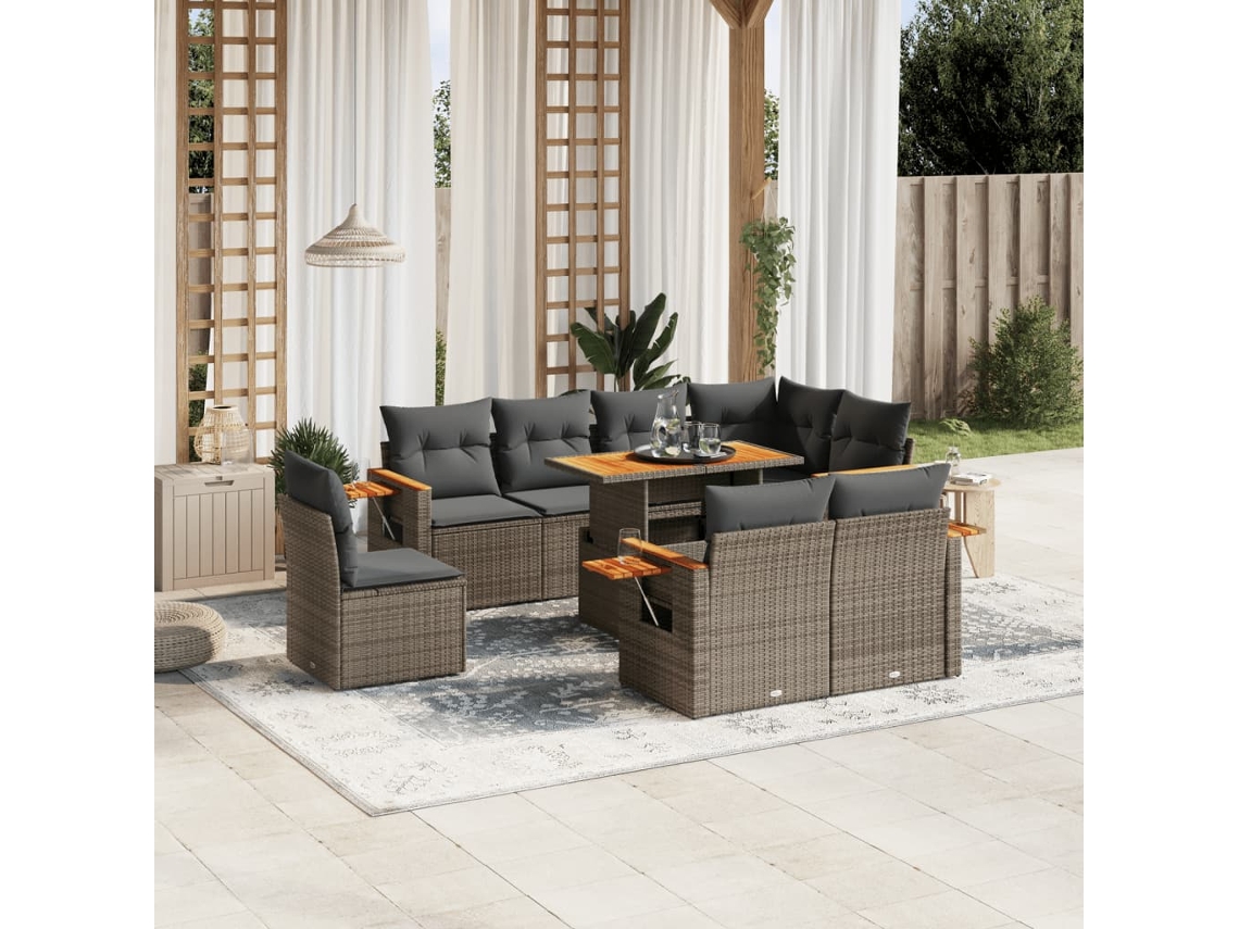Jogo 9 Peças Sofás P/ Jardin Com Almofadões Vime Pe Cinza Dkd Home Decor