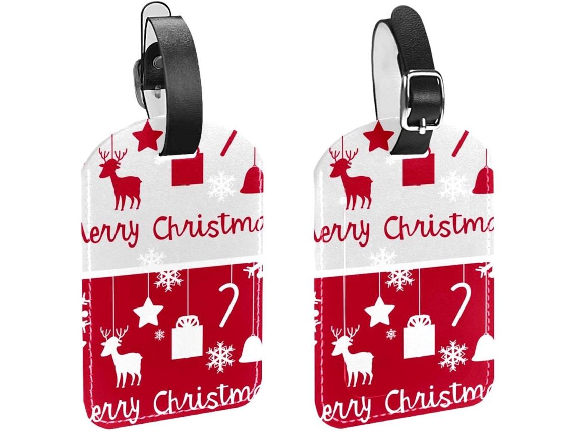 Conjunto De 2 Etiquetas Bagagem Em Imitação Couro Com Desenhos Veado, Alce, Floco De Neve, Sino E Bola De Bagagem