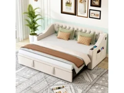 Sofá Cama 90/180x190 Cm Braços Largos Usb Armazenamento Seda Bege