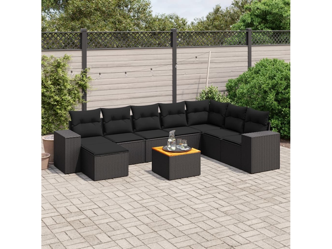 9 Pcs Conjunto De Sofás P/ Jardim C/ Almofadões Vime Pe Preto Dkd Home Decor