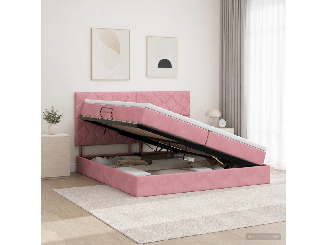 Vidaxl Cama Com Arrumação E Colchão Rosa 200 X 200 Cm Veludo