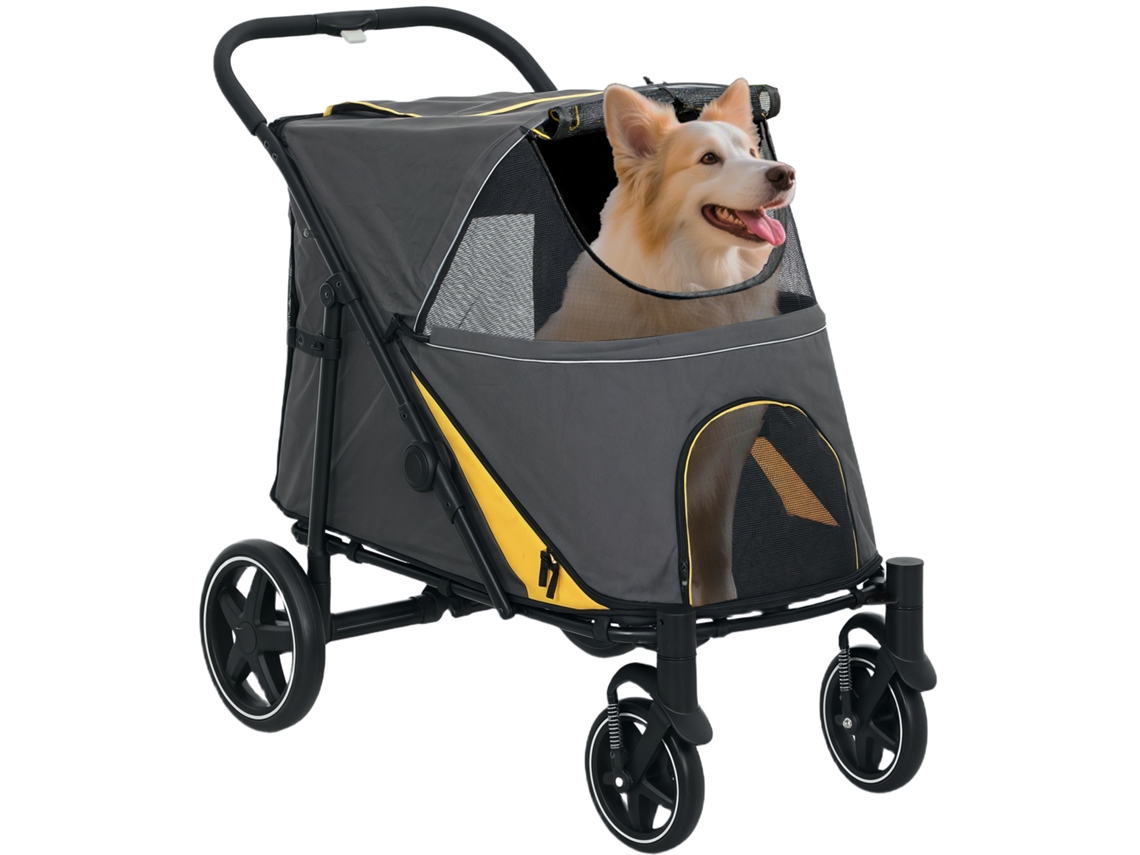 Carrinho de cachorro com 4 rodas, guia de segurança, dobrável, carga 30 kg, Cinza | S/MARCA