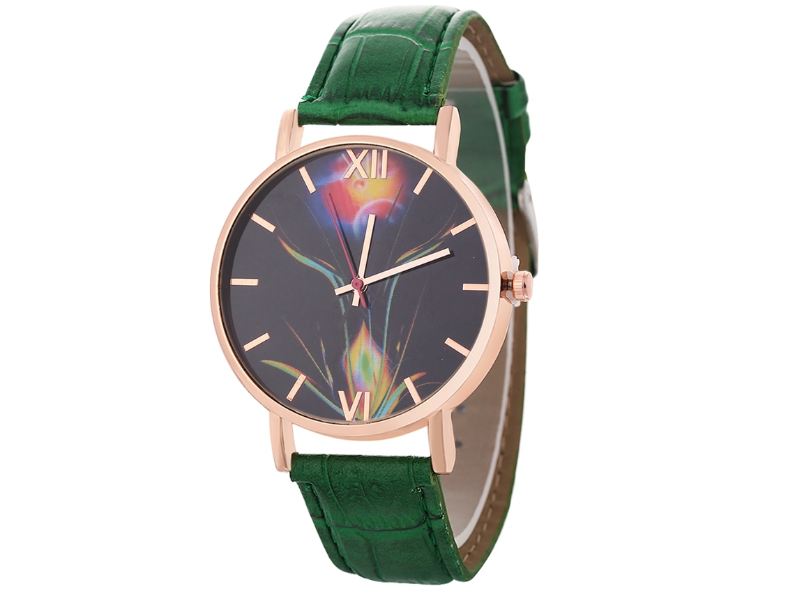 Relógio de quartzo com pulseira de couro, estilo simples e moderno para casais (verde)