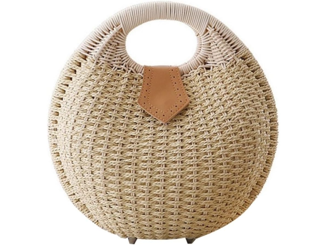 Bolsa Feminina Bege Em Rattan Em Formato De Concha Com Fecho De Botão, Elegante Bolsa De Praia.