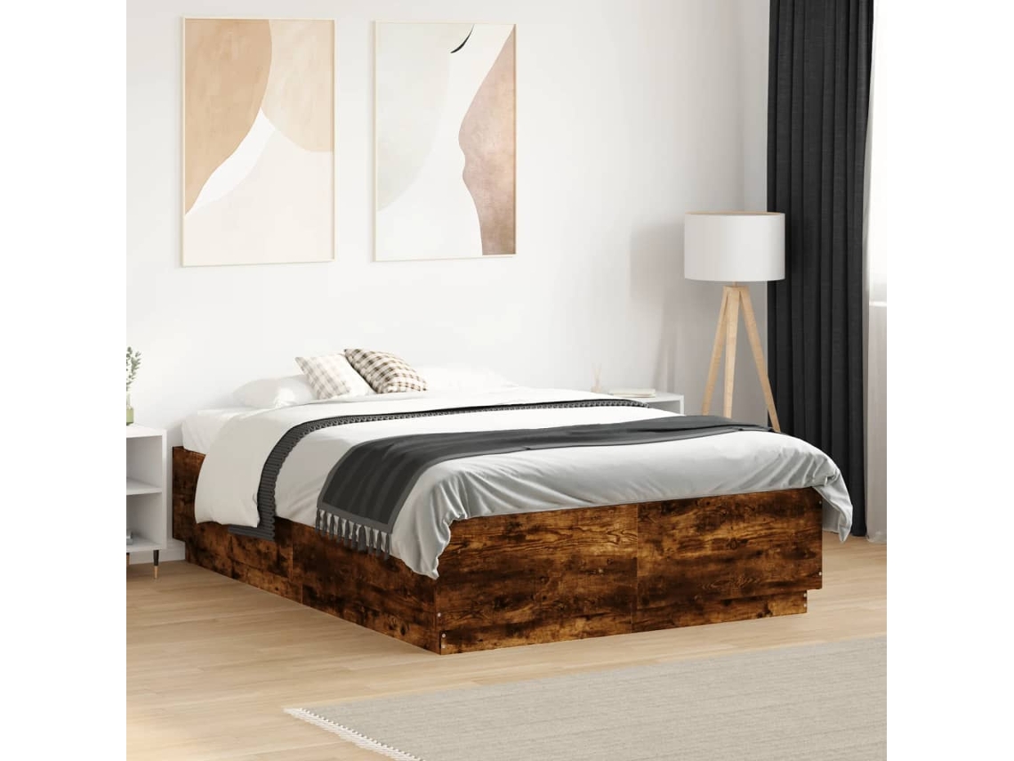 Estrutura Cama C/ Luzes Led Derivados Madeira Carvalho Fumado
