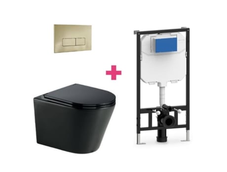 Conjunto de vaso sanitário suspenso em cerâmica preta fosca Turin com cisterna retangular dourada e botão de descarga Aquore