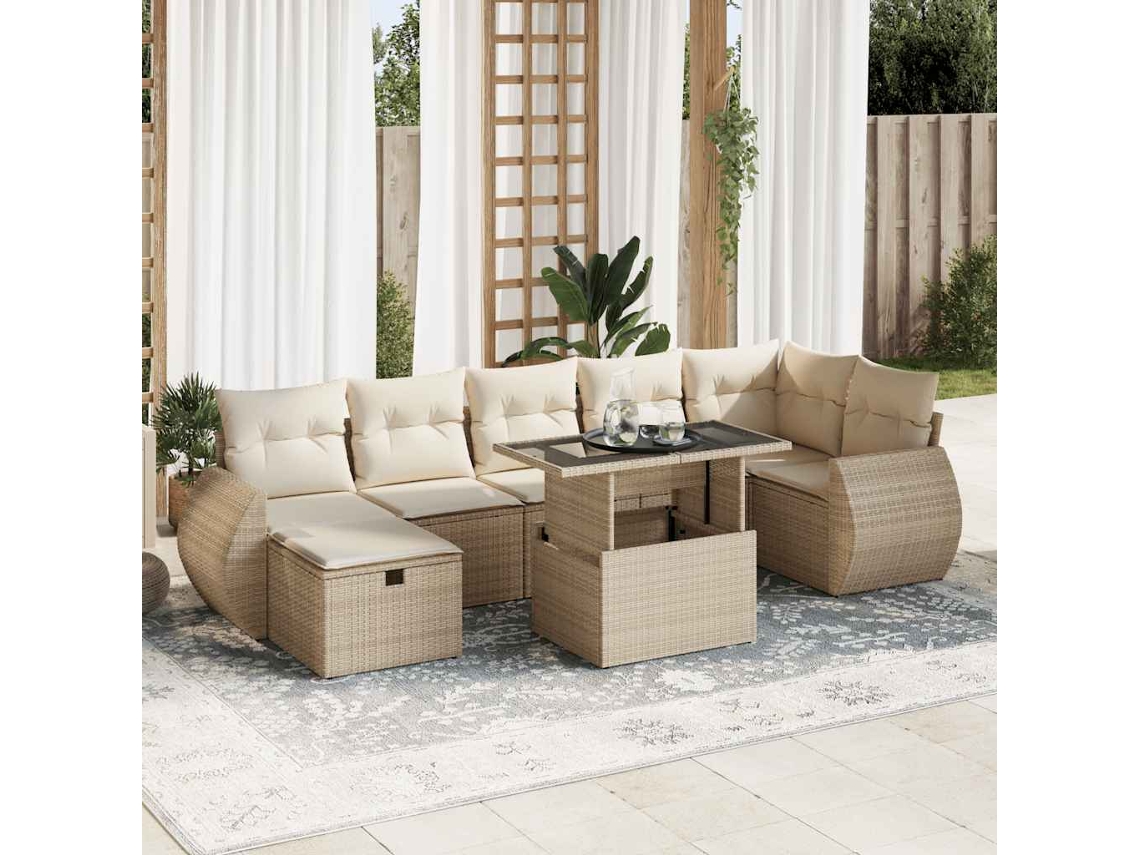 Vidaxl 8 Pcs Conjunto De Sofás P/ Jardim Com Almofadões Vime Pe Bege