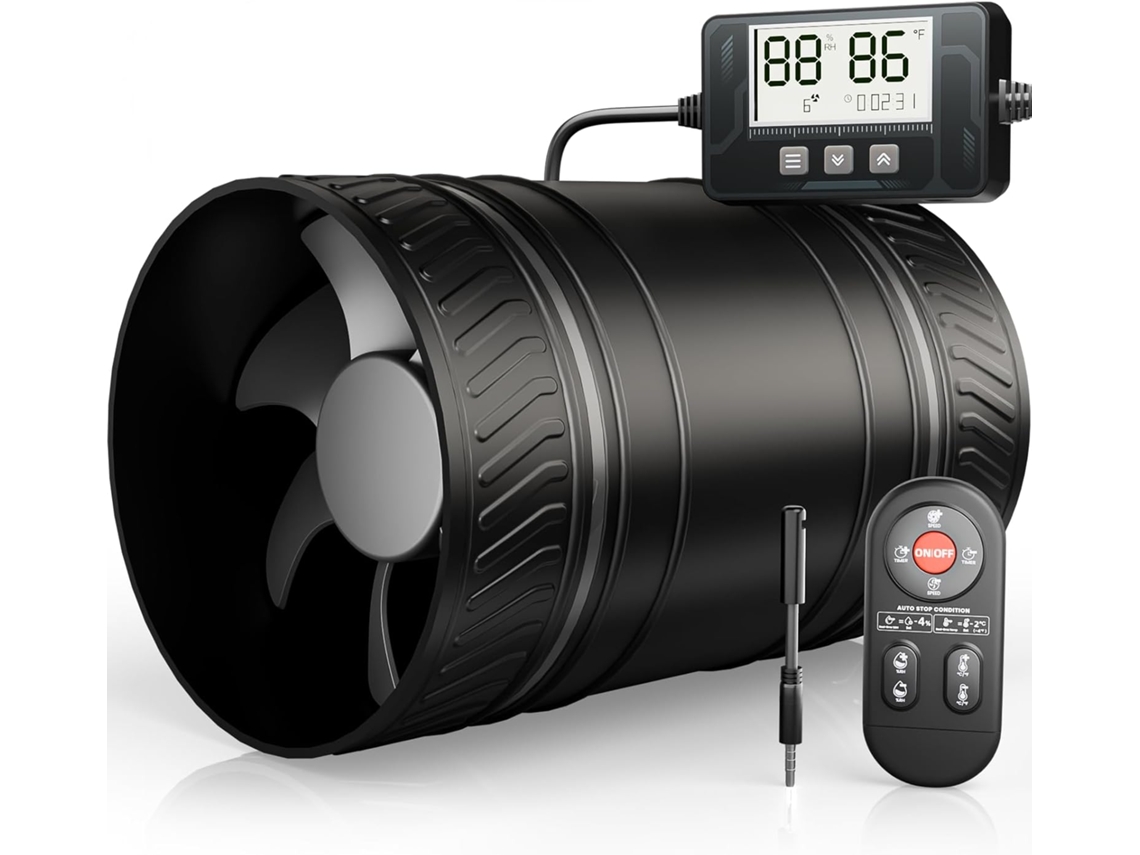 Ventilador silencioso de 100 mm com sensor de temperatura e umidade, controle remoto de 433 MHz, 6 velocidades e temporizador.