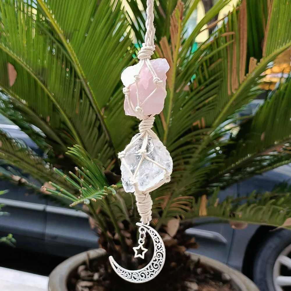 (estrela Da Lua C) Pingente De Carro Com Borla Em Pedra Natural Da Aura, Árvore Da Vida E Chakras. Ornamento Para Meditação.