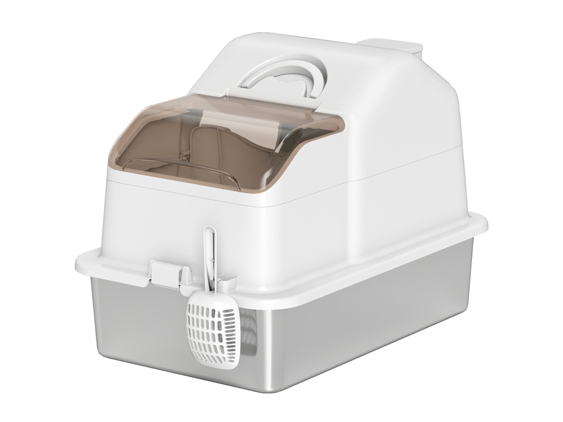 Caixa De Areia Fechada Com Bandeja De Aço Inoxidável Tampa Removível Bordos Altos E Pá 60,5x40,5x42 Cm Branco