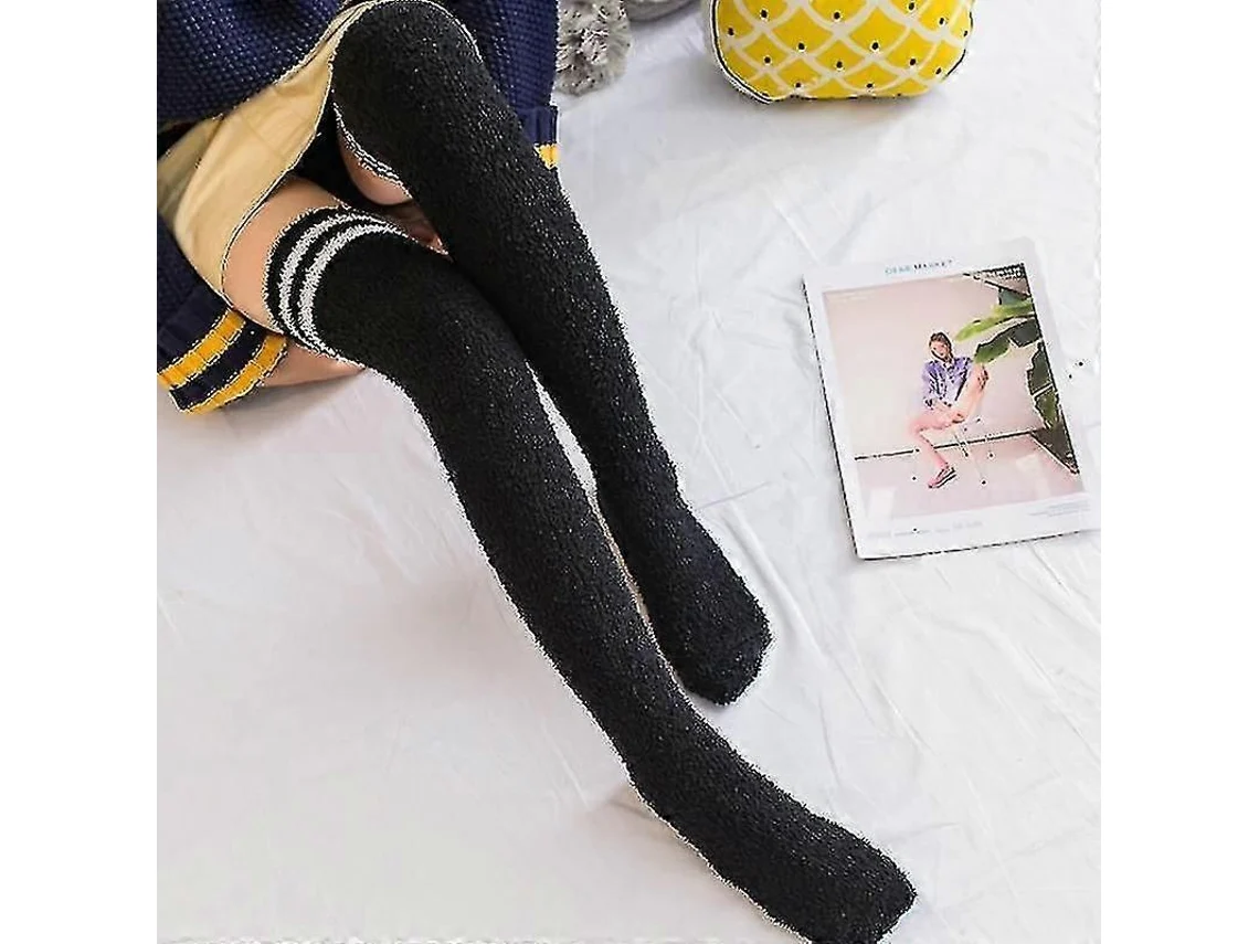 Meias De Lã Coral Macia Até O Joelho, Ideias Para O Inverno, Para Meninas E Mulheres. Meias Listradas Com Estampas De Animais Flufos E Desenhos Animados