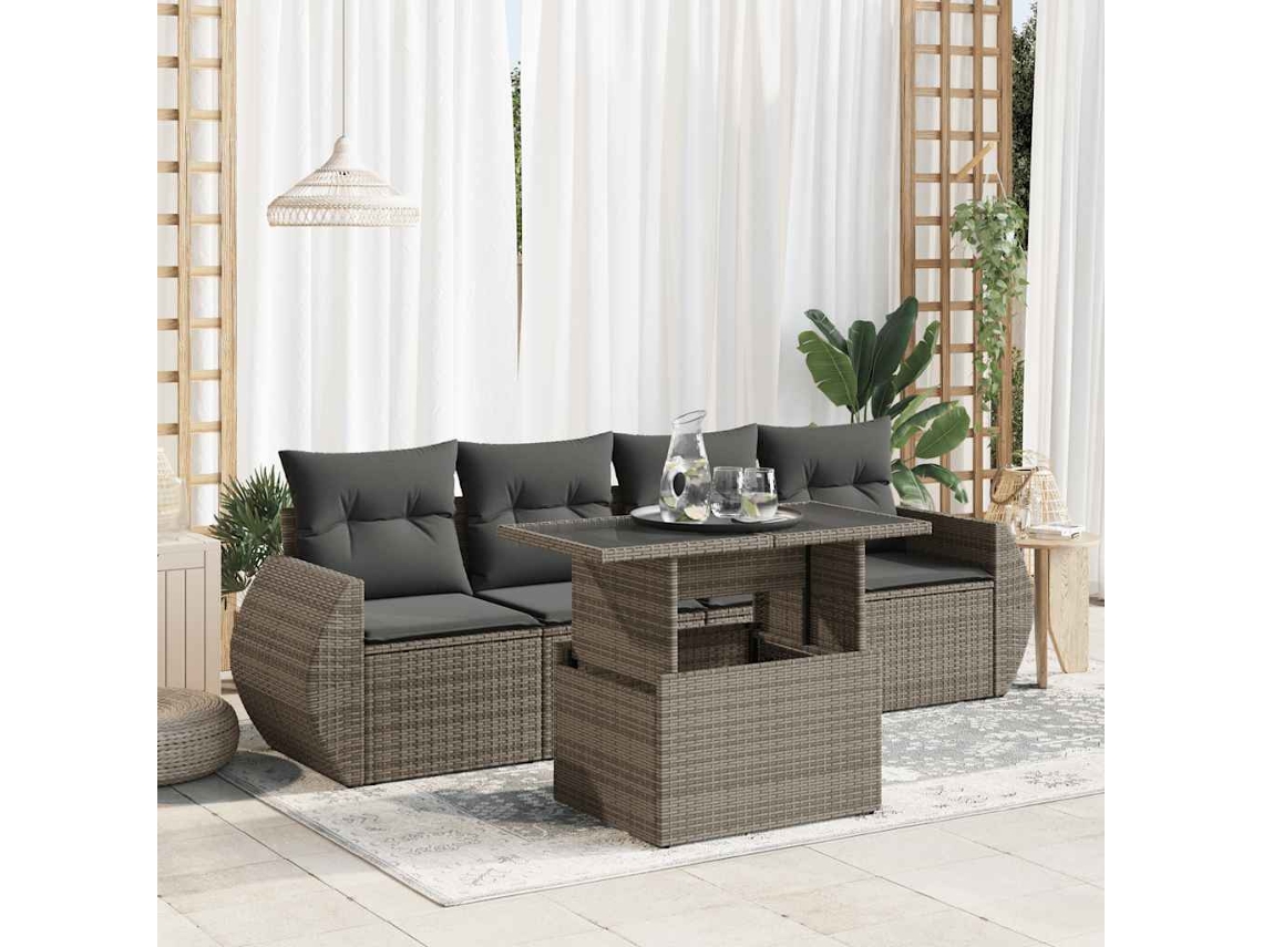 Vidaxl 5 Pcs Conjunto Sofás De Jardim C/ Almofadões Vime Pe Cinzento