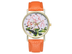 Reloj De Pulsera De Cuero Con Patrón De Plantas Moda Cuarzo Para Hombre Y Mujer Naranja
