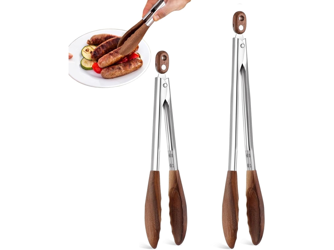 Conjunto 2 Pinças Alimentos - Pinças Bbq - Pinças Grelhador - Utensílio Cozinha - Madeira - Castanho