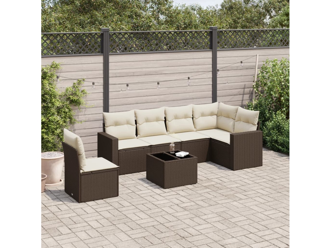 Vidaxl 7 Pcs Conjunto De Sofás Jardim C/ Almofadões Vime Pe Castanho