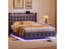 Cama De Casal Moderna Flutuante Led Com Usb Veyrixan 140x200 Cm Cinzenta – Conforto Moderno Até 300 Kg