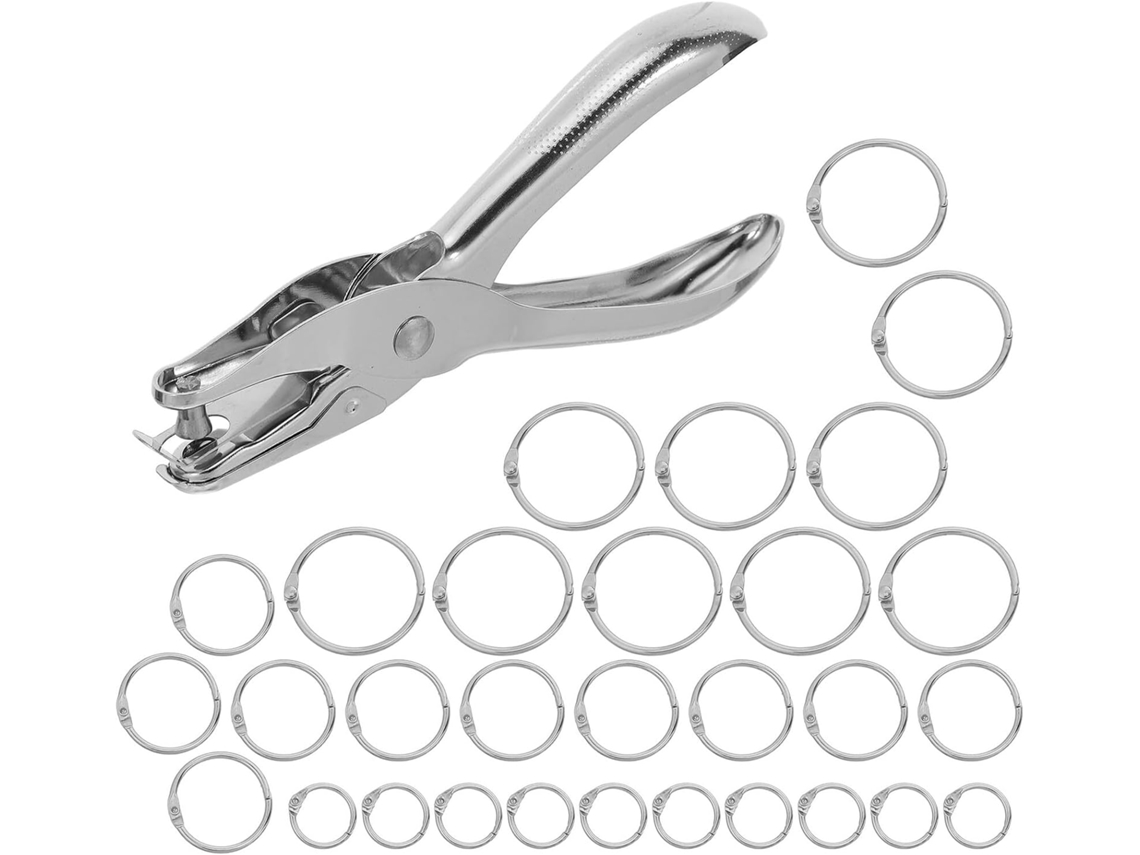 Conjunto de 30 anéis metálicos para lima, tamanhos 15 mm, 25 mm e 35 mm, com manual de instruções, ideal para organização.