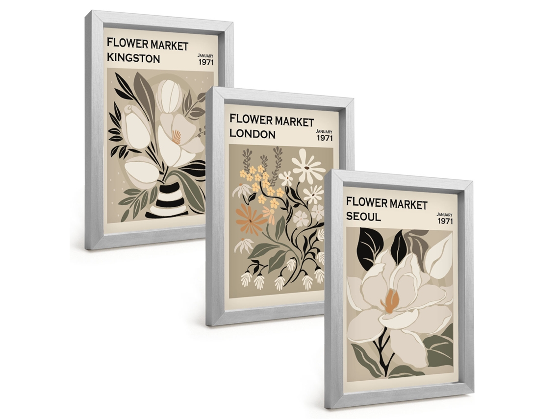 Conjunto De Pinturasflores Retrô De Cidades Do Mundo Moldura Prateada Quadros Para A Sala De Estar Espelharte (3 Peças 20x30 Cm)