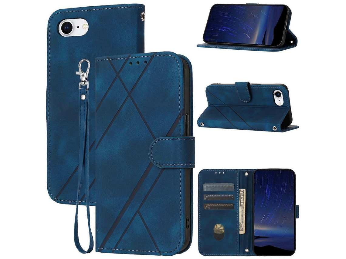 Capa De Couro Com Estampa De Linhas Para Iphone 16e E Alça Prática - Azul
