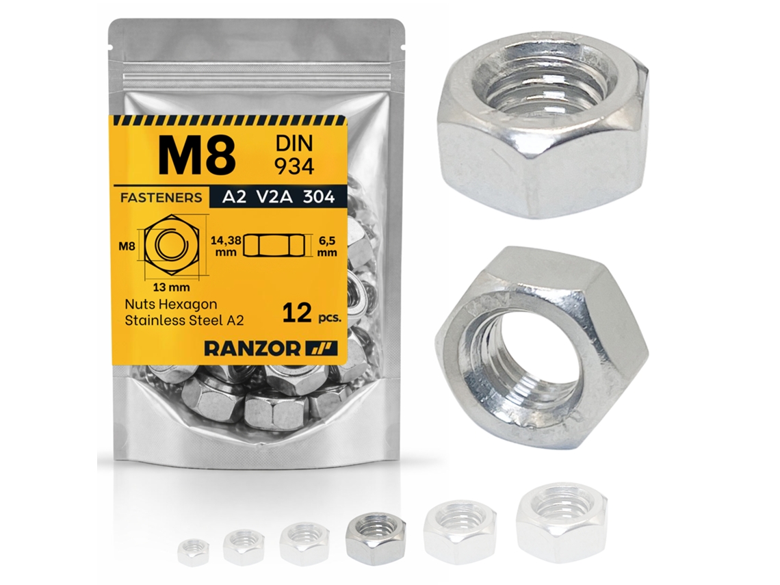 Porca Sextavada Inox A2 Din 934 M8 (12 Un.) Ranzor | Hex Nut Stainless Steel Aisi 304