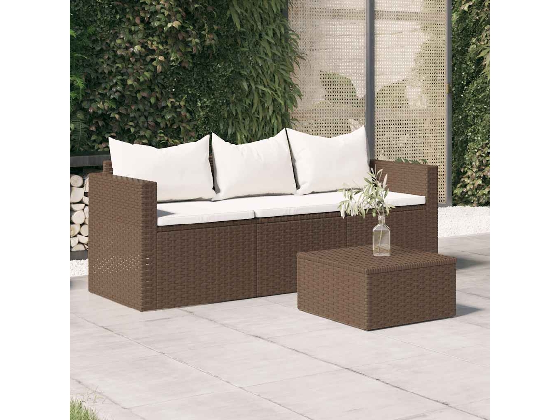 Vidaxl Sofá De Jardim De 3 Lugares Com Almofadões Vime Pe Castanho