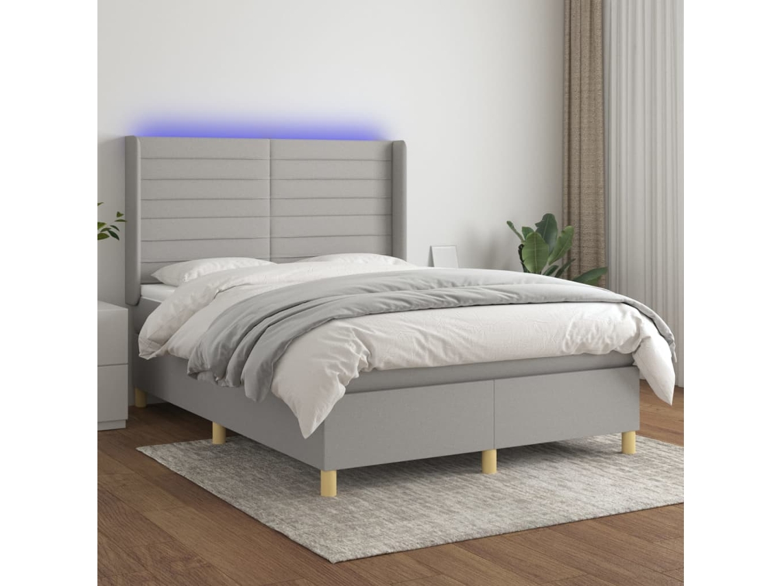 Cama Box Spring C/ Colchão E Led 140x200 Cm Tecido Cinza-claro