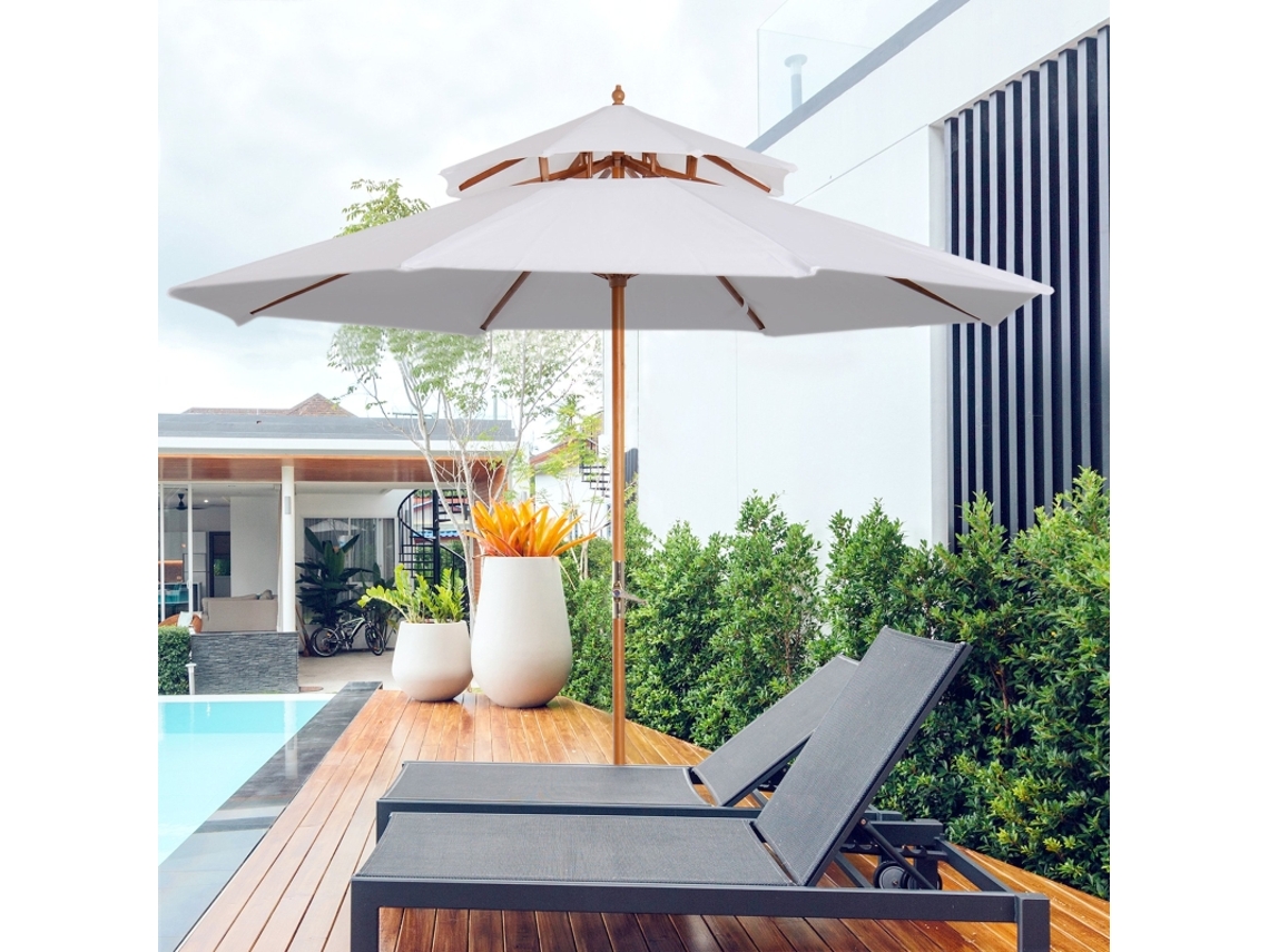 Guarda-sol De Madeira Duplo Teto Para Jardim E Varanda, Cor Creme