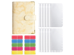 A6 Pu Leather Marble Pattern Budget Notebook With Yellow Cover, 10-zipper Pockets, 2-sets Of 5-color 10-grid Labels