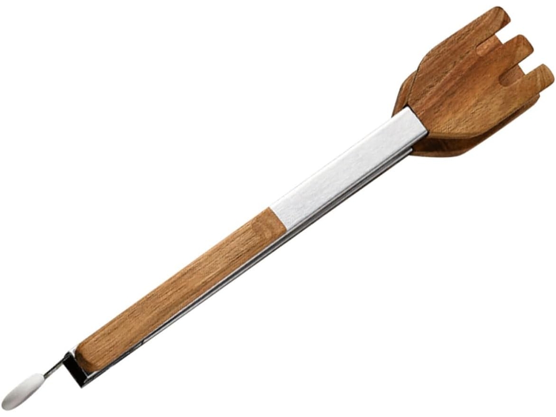 Pinça De Cozinha Em Madeira Acácia E Aço Inoxidável, 23cm, Com Isolamento Térmico E Orifício Para Pendurar, Utensílio