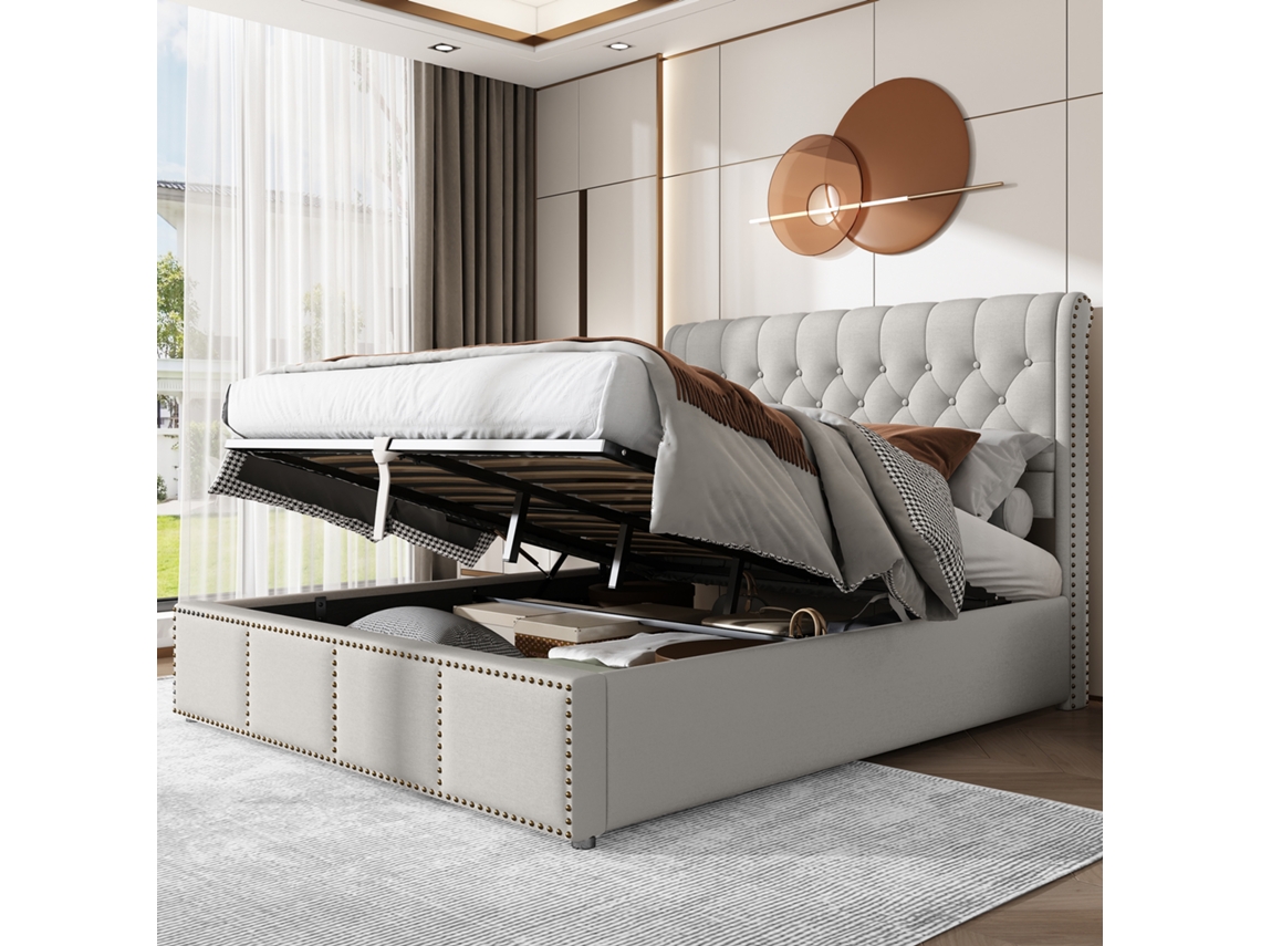 Cama Estofada Linho com Gavetas Tachas e Hidráulica 140x200